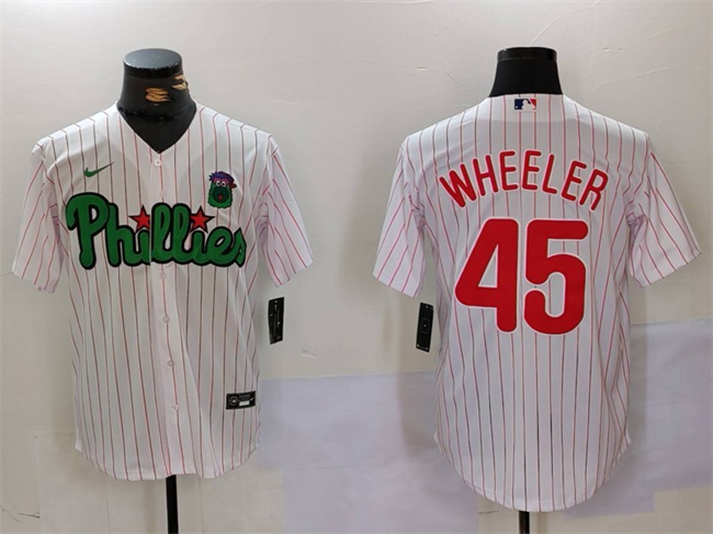 Men's Philadelphia Phillies #45 Zack Wheeler White/Green Cool Base Stitched Jersey Men's Philadelphia Phillies #45 Zack Wheeler White/Green Cool Base Stitched Jersey